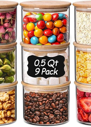 ComSaf 0.5 Qt Glass Food Storage Jars Set of 9, Clear Glass Storage Containers with Lids, Pantry Organization Jar, Spice, Salt, Blooming Tea, Coffee, Oat and Sugar Container, Small jar Set for Kitchen