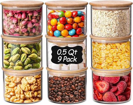 ComSaf 0.5 Qt Glass Food Storage Jars Set of 9, Clear Glass Storage Containers with Lids, Pantry Organization Jar, Spice, Salt, Blooming Tea, Coffee, Oat and Sugar Container, Small jar Set for Kitchen