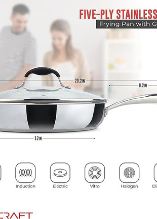AVACRAFT 18/10 12 Inch Stainless Steel Frying Pan with Lid, Side Spouts, Induction Pan, Versatile Stainless Steel Skillet, Fry Pan in our Pots and Pans (12 inch)