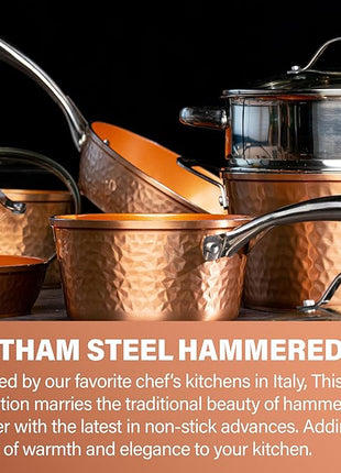 Gotham Steel Hammered 15 Pc Ceramic Cookware Set, Induction Pots and Pans Set Non Stick with Cooking Utensils & Steamer, Non Toxic Ceramic & Titanium Coating PFOA PFOS Free, Oven & Dishwasher Safe