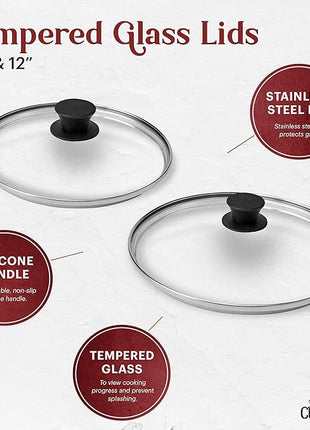 Cuisinel Cast Iron Skillet Set - 10" + 12" Frying Pan + Glass Lids + 2 Handle Cover Grips - Pre-Seasoned Oven Cookware - Indoor/Outdoor Use - Grill, Stovetop, Induction, BBQ, Camping, Fire Use