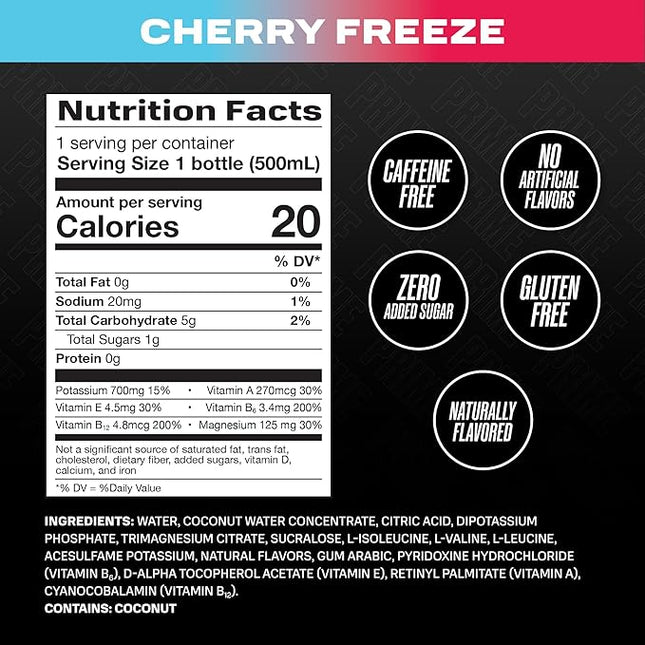 PRIME Hydration CHERRY FREEZE, Sports Drinks, Electrolyte Enhanced for Replenishing Fluids, 250mg BCAAs, B Vitamins, Antioxidants, Low Sugar, 16.9 Fl Oz, 12 Pack