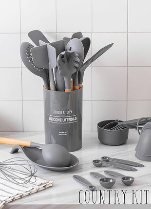 Country Kitchen Non Stick Silicone Utensil Set with Rounded Wood Handles for Cooking and Baking, 38 Piece Set, Gray