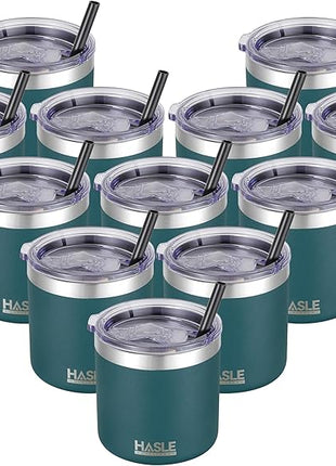 HASLE OUTFITTERS 10oz Insulated Tumblers with Lid and Straw,Stainless Steel Tumbler Travel Coffee Mug,Double Wall Reusable Tumbler Cup for Iced and Hot Drinks(Dark Green,12 Pack)