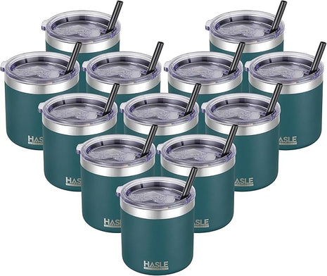 HASLE OUTFITTERS 10oz Insulated Tumblers with Lid and Straw,Stainless Steel Tumbler Travel Coffee Mug,Double Wall Reusable Tumbler Cup for Iced and Hot Drinks(Dark Green,12 Pack)