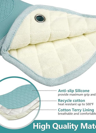 Professional Microwave Silicone Oven Mitts one Pair, Kitchen Mitten Set for Heat Resistant with 500 Degrees, Kitchen Gloves Pot Holder for BBQ Cooking Baking (Light Blue)