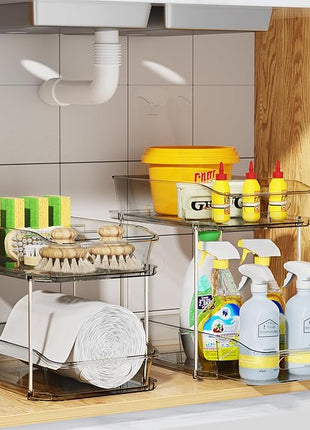 Delamu 2-Tier Under Sink Organizers and Storage, Multi-Purpose Stackable Bathroom Cabinet Organizers, Pull Out Kitchen Pantry Organization and Storage with Dividers(2 Pack, Grey)