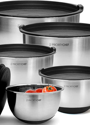 Priority Chef Premium Mixing Bowls With Lids Set, Airtight Lids, Thicker Stainless Steel, Non-Slip Base, 5 Nesting Steel Bowls for Kitchen, Large Prep Metal Bowl Set 1.5/2/3/4/5 Qt, Black