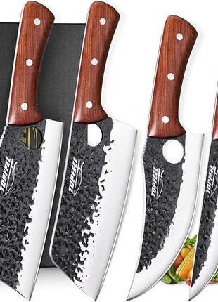 4PCS Meat Cleaver Set -Heavy Duty Bone Chopper & Meat Cleaver & Viking Knife & Slicing Knife, Chef Knives Set for Home Kitchen,Camping, BBQ Knives Gift for Men