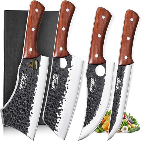 4PCS Meat Cleaver Set -Heavy Duty Bone Chopper & Meat Cleaver & Viking Knife & Slicing Knife, Chef Knives Set for Home Kitchen,Camping, BBQ Knives Gift for Men