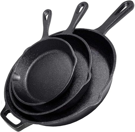 Cast Iron Skillet 3-Piece Set - 12", 10", 8" Heavy Duty Pans - Professional Restaurant Chef Quality Pre-Seasoned Pan Cookware Set