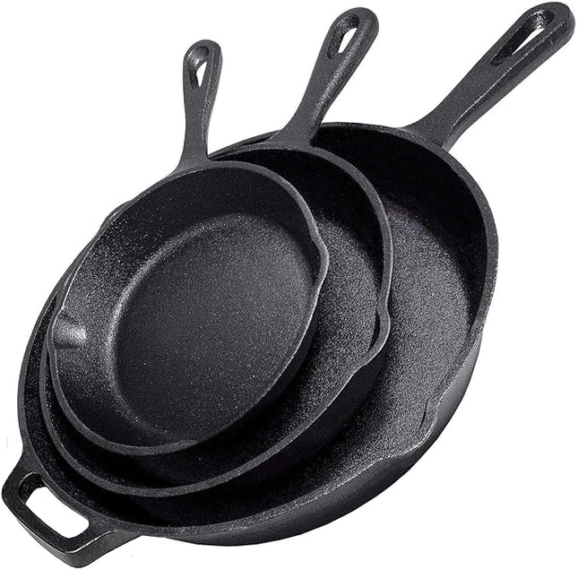 Cast Iron Skillet 3-Piece Set - 12", 10", 8" Heavy Duty Pans - Professional Restaurant Chef Quality Pre-Seasoned Pan Cookware Set