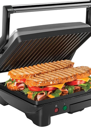 Chefman Panini Press Grill and Gourmet Sandwich Maker Non-Stick Coated Plates, Opens 180 Degrees to Fit Any Type or Size of Food, Stainless Steel Surface and Removable Drip Tray, 4 Slice, Black