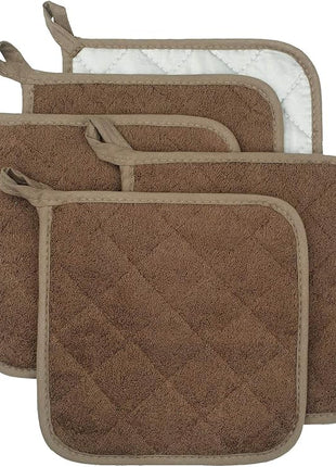 100% Cotton Kitchen Everyday Basic Terry Pot Holder Heat Resistant Coaster Potholder for Cooking and Baking Set of 5 Brown