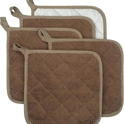 100% Cotton Kitchen Everyday Basic Terry Pot Holder Heat Resistant Coaster Potholder for Cooking and Baking Set of 5 Brown