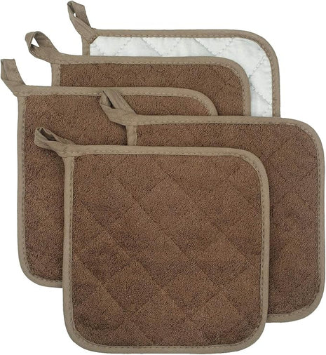100% Cotton Kitchen Everyday Basic Terry Pot Holder Heat Resistant Coaster Potholder for Cooking and Baking Set of 5 Brown