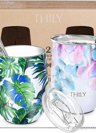 THILY Vacuum Insulated Stemless Wine Tumbler 12 oz Stainless Steel Wine Glass with Lid and Straw, Keep Cold or Hot for Coffee, Cocktails, Christmas Birthday Gift, 2 Pack(Green Plants + Pink Lilies)