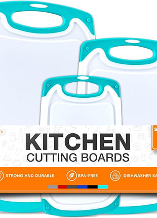 Cutting Boards for Kitchen - BPA-Free Chopping Board - Different Sizes & Non Slip Handles - Reversible, Large Cutting Board Set - Unique Gifts for Cooks Who Have Everything - 3-Pack Aqua