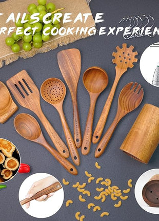 Teak Wooden Spoons for Cooking - 9 Pcs Comfort Grip Kitchen Utensil Set with Holder & Rest