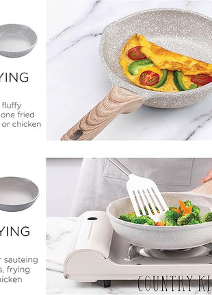 Country Kitchen Non-Stick Cast Aluminum Cookware Set - Durable Kitchen Cookware for Everyday Cooking, Speckled Cream, 8 Pc.