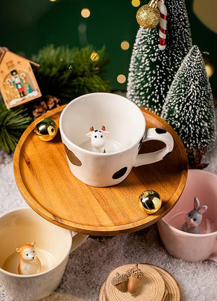 DIHOclub Cow Ceramic Cup Hidden 3D Animal Inside Mug,Cute Cartoon Handmade Figurine Mugs,Holiday and Birthday Gift for Coffee Milk Tea Lovers,12 OZ(White,Black)