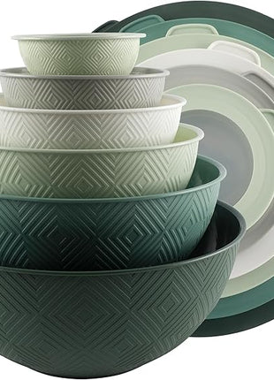 COOK WITH COLOR Mixing Bowls with Lids - 12 Piece Plastic Nesting Bowls Set includes 6 Prep Bowls and 6 Lids, Rhombus Design - Microwave Safe (Sage)