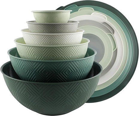 COOK WITH COLOR Mixing Bowls with Lids - 12 Piece Plastic Nesting Bowls Set includes 6 Prep Bowls and 6 Lids, Rhombus Design - Microwave Safe (Sage)
