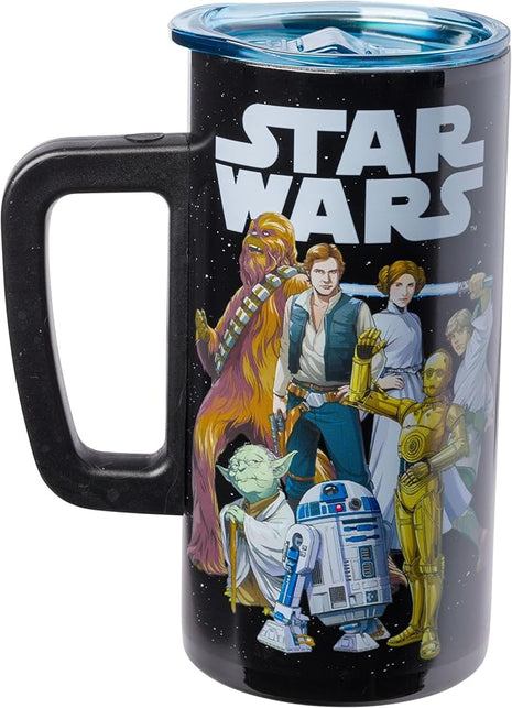 Silver Buffalo Star Wars Featuring Luke Skywalker, Princess Leia, Hans Solo, Chewbacca, Yoda, R2-D2, and C-3PO Double Wall Stainless Steel Travel Mug With Handle, 15 Ounces