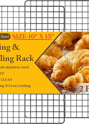 2PCS Cooling Racks for Cooking and Baking - 10" x 15"Heavy Duty Stainless Steel Wire Rack for Baking, Grilling, Roasting - Oven & Dishwasher Safe - Fits Jelly Roll Sheet Pan（Black）