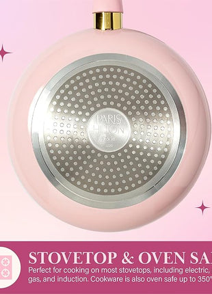 Paris Hilton Epic Nonstick Pots and Pans Set, Multi-layer Nonstick Coating, Tempered Glass Lids, Soft Touch, Stay Cool Handles, Made without PFOA, Dishwasher Safe Cookware Set, 12-Piece, Pink