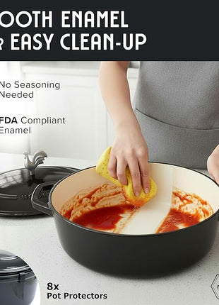 MUELLER HOME 5.5 Quart Enameled Cast Iron Oval Dutch Oven with Rooster Knob & Cotton Potholders, Heavy-Duty Cookware, Oven-Safe up to 500° F & Across All Cooktops, Gifts for Grandma & Women, Black