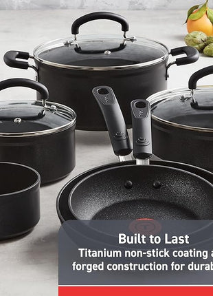 T-fal Advanced Nonstick Cookware Set 12 Piece, Oven Broiler Safe 350F, Kitchen Cooking Set W/Fry Pans, Saucepans, Deep Saute, Dutch Oven & Kitchen Utensils, Pots and Pans, Dishwasher Safe, Black