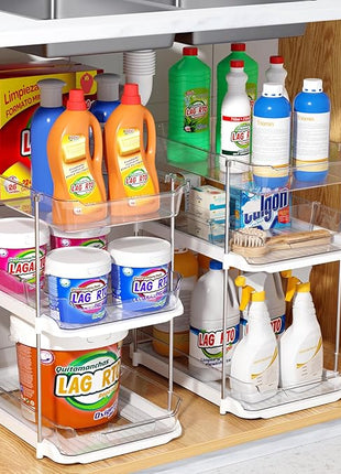 Delamu 2 Sets of 3-Tier Bathroom Under Sink Organizers and Storage, Multi-Purpose Stackable Pantry Organization and Storage, Pull Out Clear Kitchen Bathroom Cabinet Organizer with Movable Dividers