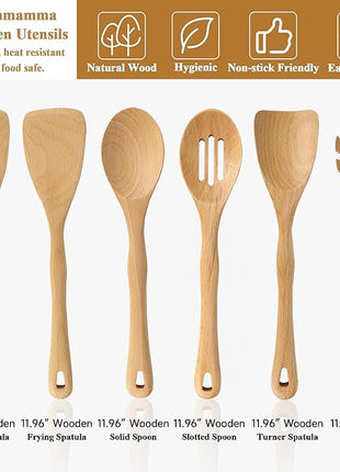 Wooden Spatula Set, 6 Pack Kitchen Wood Slotted Spoon Spatulas Turner Utensils for Cooking, Non Toxic Solid Wooden Spatulas Natural Wood Serving Spoons Spaghetti Utensil Set for Nonstick Cookware