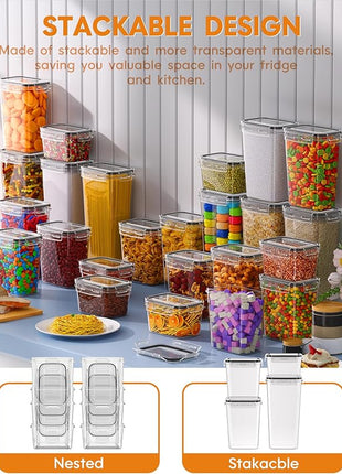 Airtight Food Storage Containers with Lids, 24 PCS Kitchen and Pantry Organization Canisters, BPA-Free, PVC-Free, Food-grade Plastic Leak-proof Jars for Cereal, Flour, Sugar, Extra 24 Labels & Marker