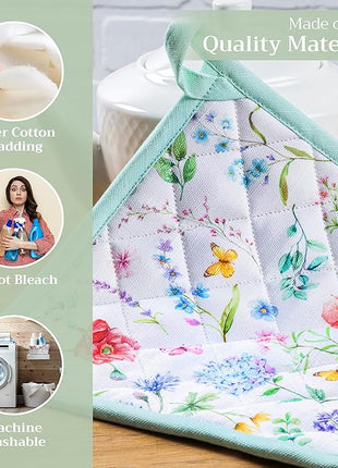 Maison d' Hermine Pot Holders Set 100% Cotton Heat Resistant Potholders 8" x 8" Hot Pads with Loop BBQ, Cooking, Baking, Grilling, Kitchen, Handling Hot Pans Spring/Summer (Pack of 2, Just Floral)