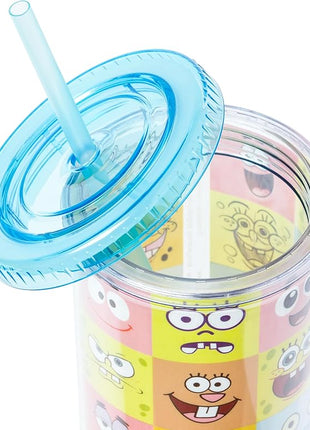 Silver Buffalo Spongebob Squarepants Character Emotions Grid Featuring Patrick Star, Sandy Cheeks, Squidward Tentacles, and Fish Plastic Tall Cold Cup With Lid and Straw, 20 Ounces