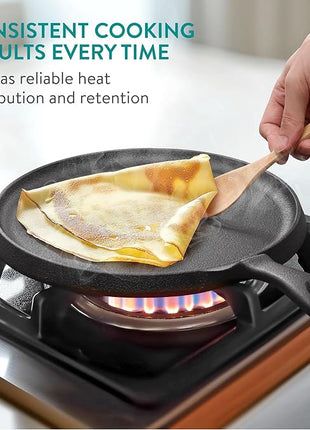 Navaris Cast Iron Griddle Pan - Durable Pancake Pan Also for Pizza, Tortilla, Dosa, Tawa, Roti, etc - Bakestone for Bread & Welsh Cakes - Suitable for Induction Hob, 10" (25.4 cm)