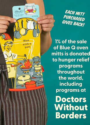 Blue Q Man With a Pan Funny Oven Mitts - Cute Oven Mitts, Home Kitchen Gifts, Cooking Accessories, Super-Insulated Quilting, Comfy Natural-Fitting Shape, 100% Cotton, Machine Wash, Size 12.5"L x 7.5"W