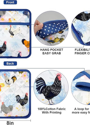 Pot Holders Set of 2 Heat Resistant 480℉ Kitchen 100% Cotton Comfortable Lining Printing Fox Flower Women Men Home Cooking Baking Microwave BBQ Gift (Rooster potholder)