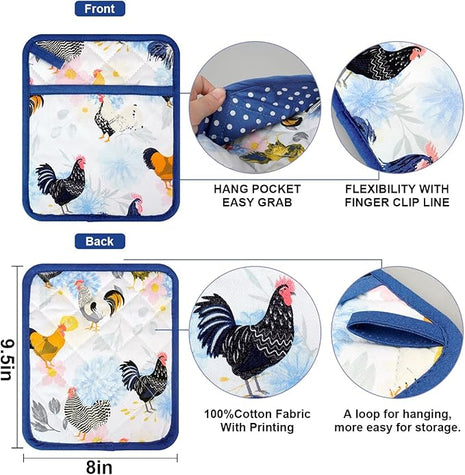 Pot Holders Set of 2 Heat Resistant 480℉ Kitchen 100% Cotton Comfortable Lining Printing Fox Flower Women Men Home Cooking Baking Microwave BBQ Gift (Rooster potholder)