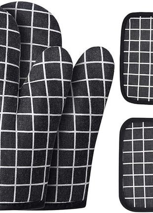 Oven Mitts and Potholders BBQ Gloves-Oven Mitts and Pot Holders with Recycled Infill Silicone Non-Slip Cooking Gloves for Cooking Baking Grilling (4-Piece Set,Black)