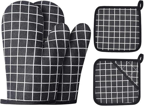Oven Mitts and Potholders BBQ Gloves-Oven Mitts and Pot Holders with Recycled Infill Silicone Non-Slip Cooking Gloves for Cooking Baking Grilling (4-Piece Set,Black)