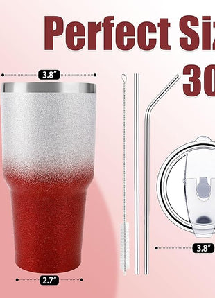 D·S 30 oz Tumbler Christmas Red Glitter Gradient Cup Stainless Steel Double Wall Vacuum Insulated Mug with Straw and Lid, Cleaning Brush for Cold and Hot Beverages