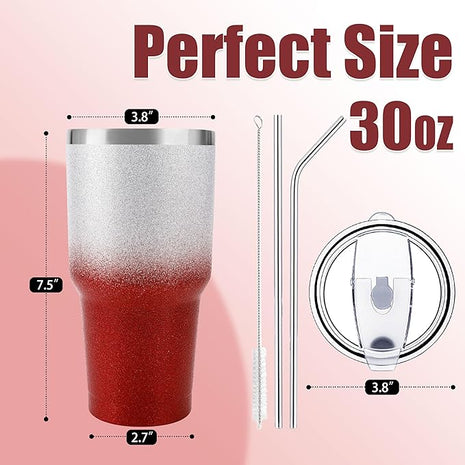 D·S 30 oz Tumbler Christmas Red Glitter Gradient Cup Stainless Steel Double Wall Vacuum Insulated Mug with Straw and Lid, Cleaning Brush for Cold and Hot Beverages