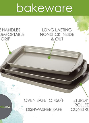 Rachael Ray Nonstick Bakeware Set without Grips includes Nonstick Cookie Sheets / Baking Sheets - 3 Piece, Silver