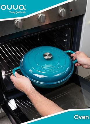 Cast Iron Dutch Oven with Lid – Non Stick Shallow Dutch Oven Pot, Oven Safe up to 500° F – Sturdy Cooking Pot – Enamelled Stockpot Cookware – Teal, 3.7-Quart, 30cm – by Nuovva