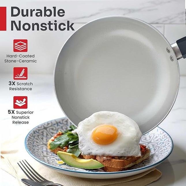 Mueller 16-Piece Healthy Stone Pots and Pans Set Non Stick, Non Toxic Ceramic Cookware Set, Dishwasher Safe, w Frying Pans, Sauce Pan, Steamer, Vac-Free Vented Glass Lids, Kitchen Utensils, Slate