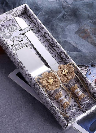 TANG SONG Set of 2 Rustic Wedding Cake Knife and Serving Set with Burlap Flower and Lace Wedding Cake Knife (Set of 2)