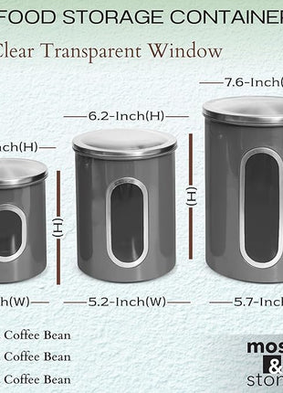 Moss & Stone 3-Piece Gray Canisters Sets For The Kitchen, Airtight Canister Set With See Through Window, Storage Jars for Coffee Container, Tea Organizer & Sugar Canister, Gray Kitchen Canisters